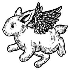 Angel flying baby little rabbit bunny engraving PNG illustration. Scratch board style imitation. Black and white hand drawn image.