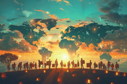 Heartwarming illustration of a world coming together to provide humanitarian aid in a crisis celebrating compassion and global solidarity