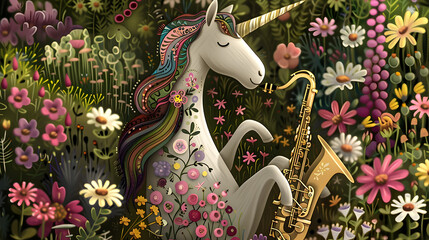 A whimsical illustration of a unicorn playing a saxophone in a field of flowers, captured from a bird's eye view for a unique perspective.


