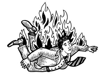 Falling burning man engraving PNG illustration. Scratch board style imitation. Black and white hand drawn image.