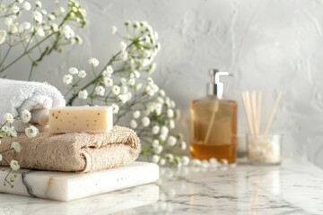 A bunch of towels sitting on top of a counter. Ideal for bathroom or spa concepts