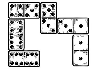 Domino game play bones engraving PNG illustration. Scratch board style imitation. Black and white hand drawn image.
