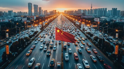 Chinese flag on a flagpole at a busy intersection - obrazy, fototapety, plakaty