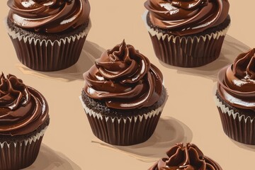 Delicious cupcakes with chocolate frosting, perfect for bakery or dessert concepts - obrazy, fototapety, plakaty