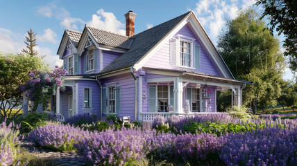 A blissful lavender house adorned with traditional windows and shutters radiates freshness against...
