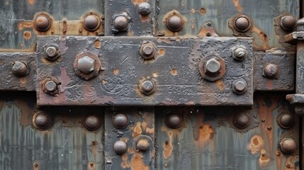 A close up of a metal door with rivets and bolts, AI