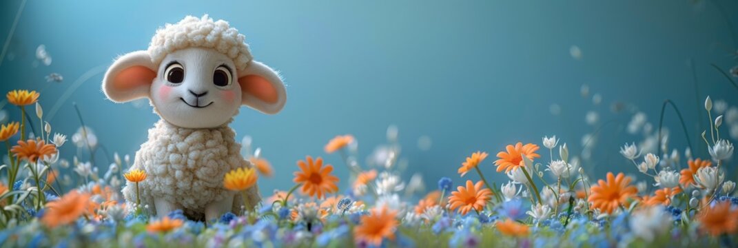Cartoon sheep with a joyful expression located on a soft pastel blue background