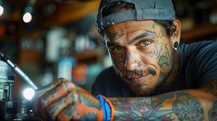 Artists face while he carefully engraves the tattoo design on the client's hand