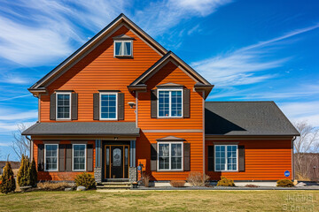 A bold burnt orange house with siding, located on a large lot in a suburban area, featuring traditional windows and shutters, under a bright blue sky.