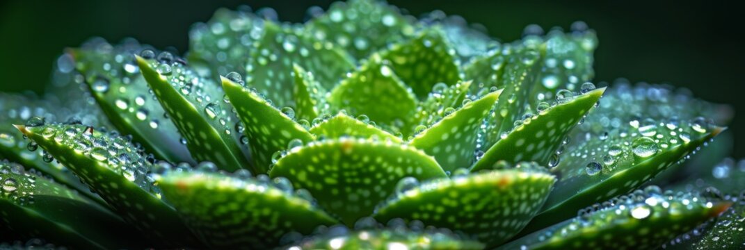 Drops of water flicker on a bright green aloe leaf