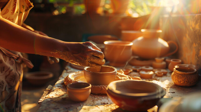 A sun-drenched pottery workshop with hands molding wet clay into beautiful shapes.