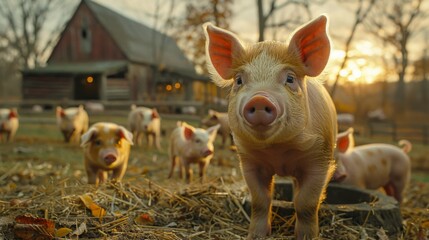 Happy pigs gathered around feeders and enjoying food in a farm atmosphere - obrazy, fototapety, plakaty