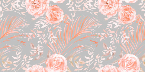 Pattern with watercolor roses flowers and twigs
