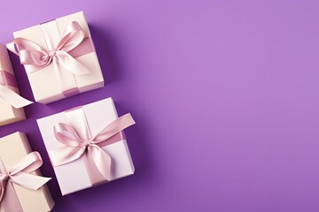 Gift boxes with ribbon on violet background, flat lay, banner with copy space for photo text or product, blank empty copyspace