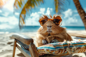 summer rest. cool funny guinea pig in sunglasses sits in a sun lounger and sunbathes on the beach. summer holidays. funny animals - obrazy, fototapety, plakaty