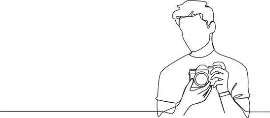 continuous single line drawing of man taking picture with camera, line art vector illustration