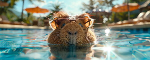 summer rest. cool funny guinea pig in sunglasses swims in the pool. summer holidays. funny animals - obrazy, fototapety, plakaty