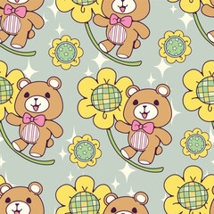 Seamless pattern of the cutest little bear and the big flower. This illustration is cute and sweet. Pattern for fabric and wrapping paper, Pattern for design wallpaper and fashion prints.
