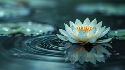 White lotus flower floating on the calm surface of a pond
