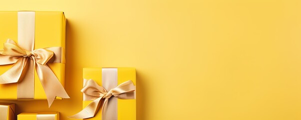 Gift boxes with ribbon on yellow background, flat lay, banner with copy space for photo text or product, blank empty copyspace