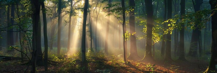 Forest where the dappled sunlight filters through the trees - obrazy, fototapety, plakaty