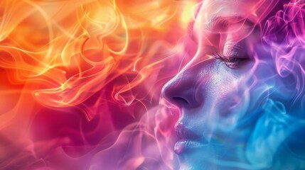 A woman's face is surrounded by colorful smoke and flames, AI