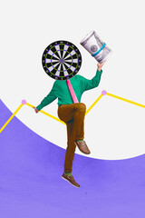 Creative trend collage of funny man darts board instead head earning money trading banner bizarre...