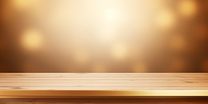 Gold background with a wooden table, product display template. gold background with a wood floor. Gold and white photo of an empty room