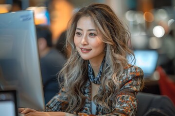 A stunning young woman is seen working attentively on a computer in a lively office environment