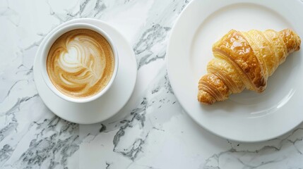 A delicious croissant on a plate next to a cup of coffee. Perfect for bakery or cafe themes