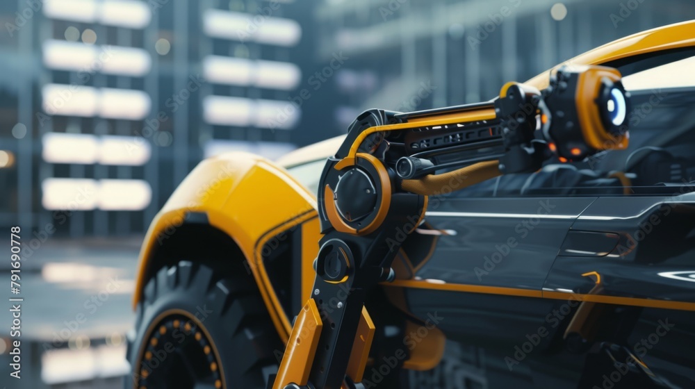 Poster close-up of a yellow robotic arm in a modern workshop