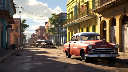 Vintage Cars Parked in an Old-Fashioned Street in Cuba

 - obrazy, fototapety, plakaty