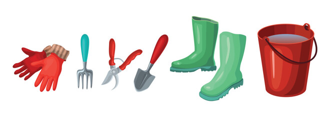 Obraz premium A set of gardening items. Gloves, boots, shovel, garden fork, pruner, bucket of water. Garden tools. Collection of garden tools and plants. Gardening or horticulture concept.