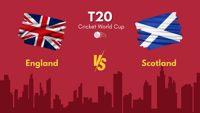England vs Scotland flag, world map and building skyline use for t20 cricket world cup 2024 template banner design