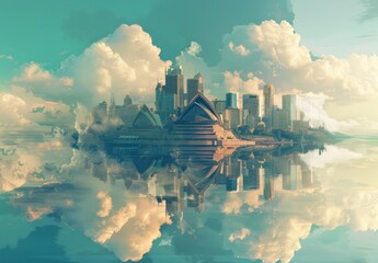 Merge architectural landmarks with surreal elements like floating clouds or mirrored reflections to create captivating scenes - obrazy, fototapety, plakaty
