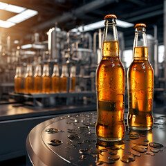 Title: Title: glass of beer on the table Glass brown bottles of beer on conveyor belt with light, concept brewery plant production line, beer bottling factory.

 - obrazy, fototapety, plakaty