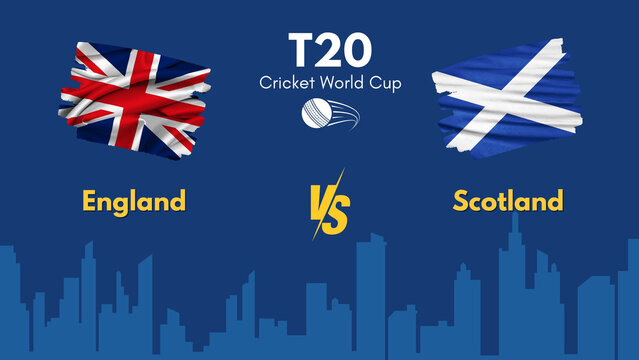 England vs Scotland flag, world map and building skyline use for t20 cricket world cup 2024 template banner design