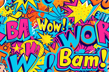 A colorful background with words like "Wow!" and "Bam!" written in different colors. Scene is energetic and fun