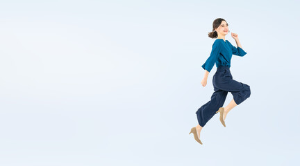Full body photo of a Caucasian female business person jumping. (We also sell PNGs that are cropped...
