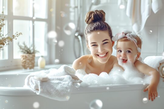 Caucasian mother bathing together with baby toddler. Cosy bathroom with natural light, mom and child playing with foam, happy and playful atmosphere. Hygiene for children, childcare. Daily routine