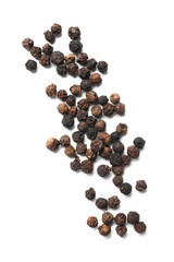 Aromatic spice. Many black dry peppercorns isolated on white, top view