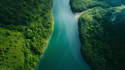 Aerial view of Amazonas jungle landscape with river bend and fog