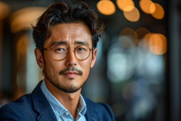 Obraz premium Stylish middle-aged man with glasses and a modern haircut in a professional business setting, blurred lights
