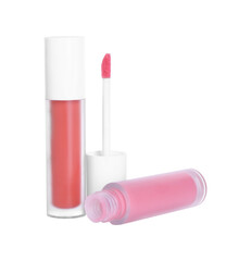 Lip glosses and applicator isolated on white. Cosmetic products