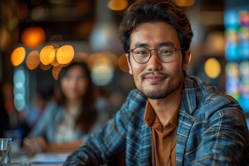 Obraz premium Smartly dressed man in plaid blazer smiling confidently, sitting indoors with beautiful bokeh light in the background