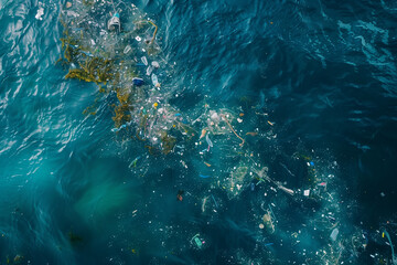 Obraz premium Aerial view of a bunch of plastic trash in the sea. Marine pollution