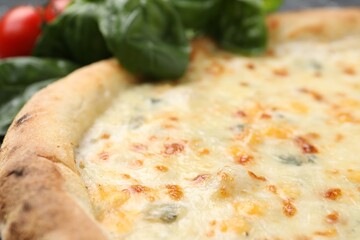 Delicious cheese pizza and basil on table, closeup