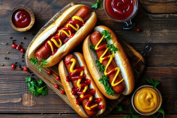 Delicious hot dogs with condiments on a cutting board. Perfect for food concepts
