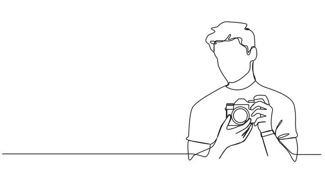 animated continuous single line drawing of man taking picture with camera, line art animation