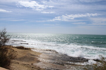 beach and sea,natural blue background, beautiful coast of the Mediterranean Sea in Alicante, Spain